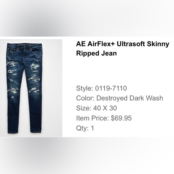 NEW American Eagle AirFlex+ Ultrasoft Skinny Ripped Dark Wash Jean Men’s 40x30 - Picture 9 of 9